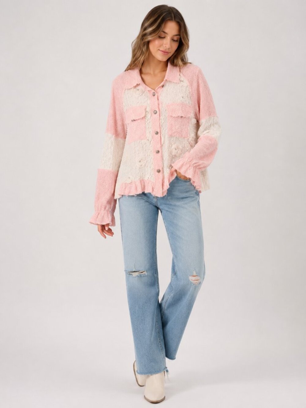 POL Soft Boho Blush Crochet Lace Shacket Shirt Jacket Size Small Oversized NWOT - Picture 3 of 13